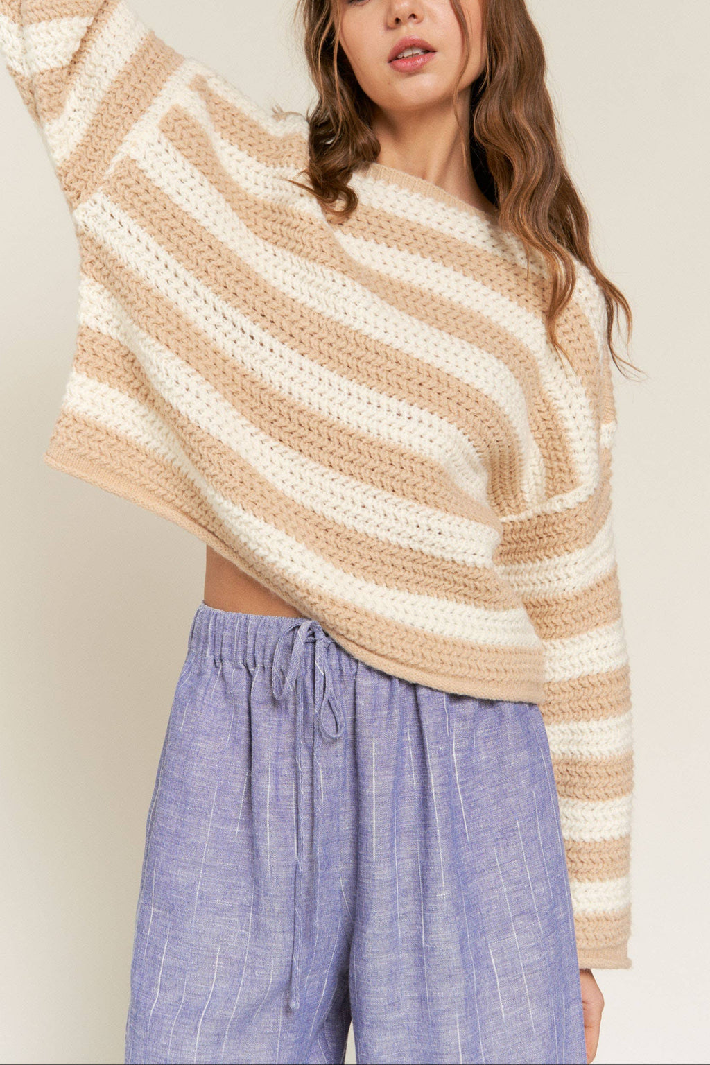 Beige Striped Knit Sweater