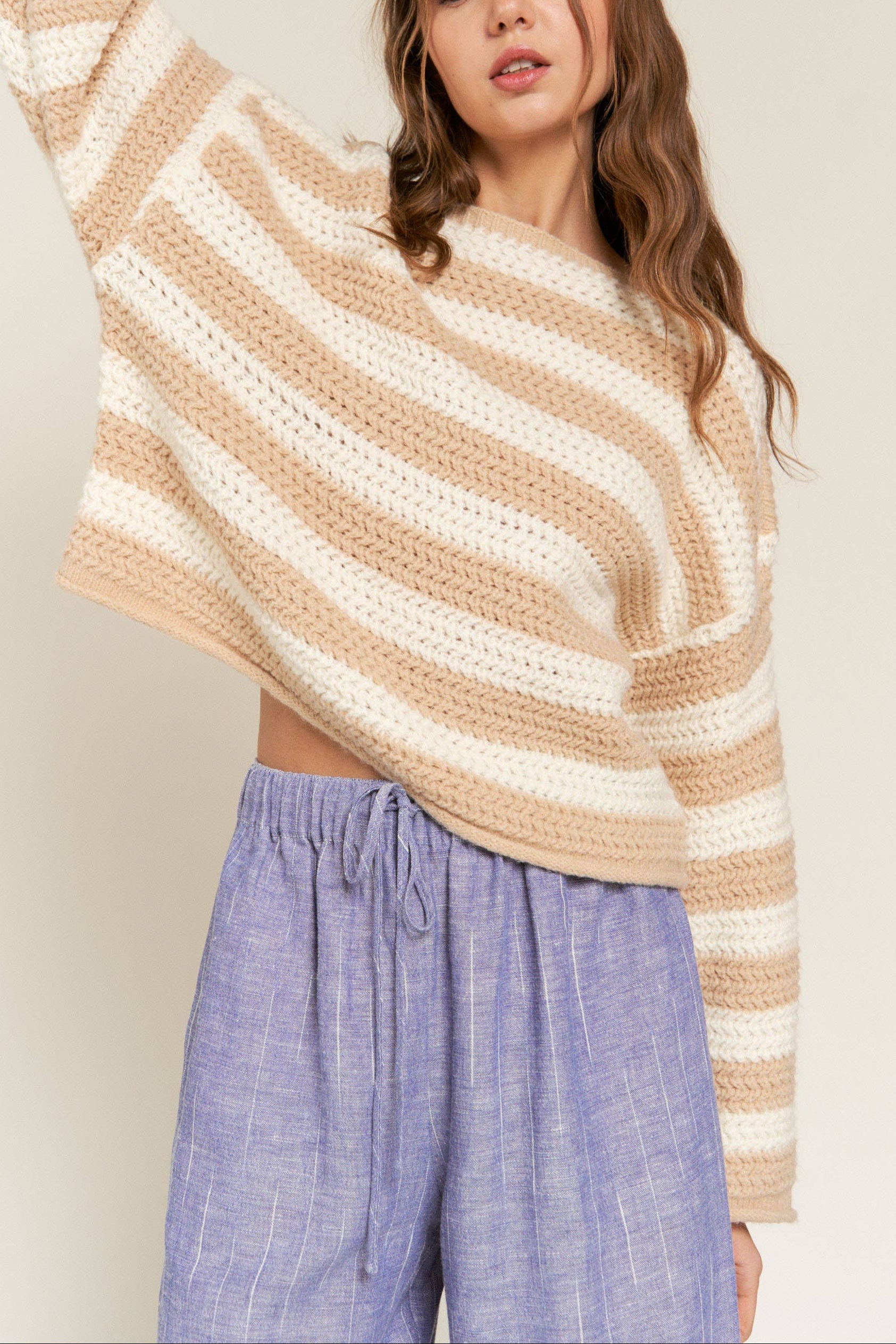 Beige Striped Knit Sweater