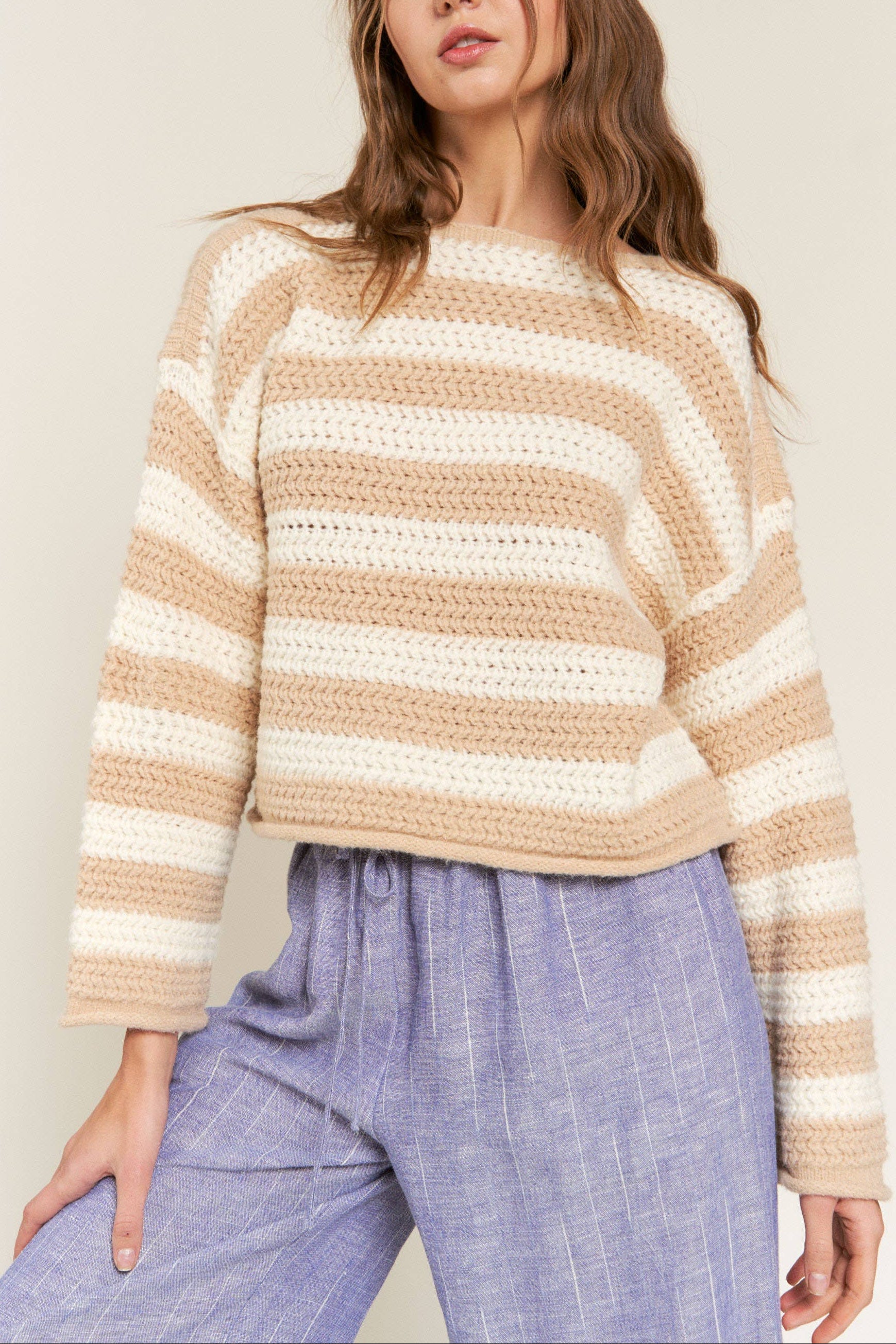 Beige Striped Knit Sweater